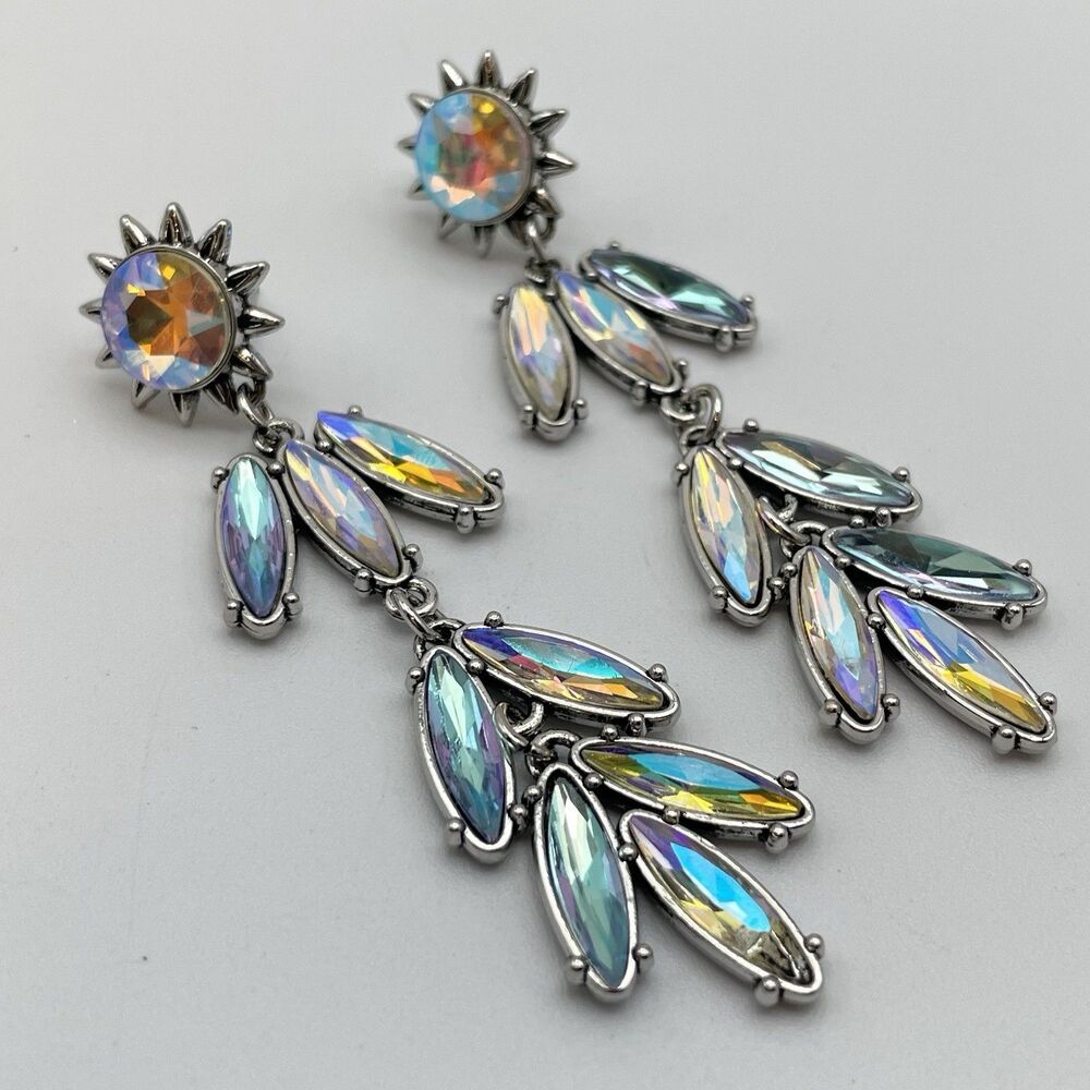 Silver Tone Southwestern Blue AB Glass Rhinestone Dangle Chandelier Earrings